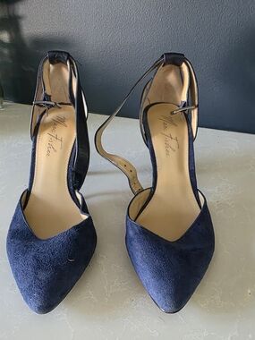 Marc Fisher Navy Suede Pointed Toe Ankle Strap Heels